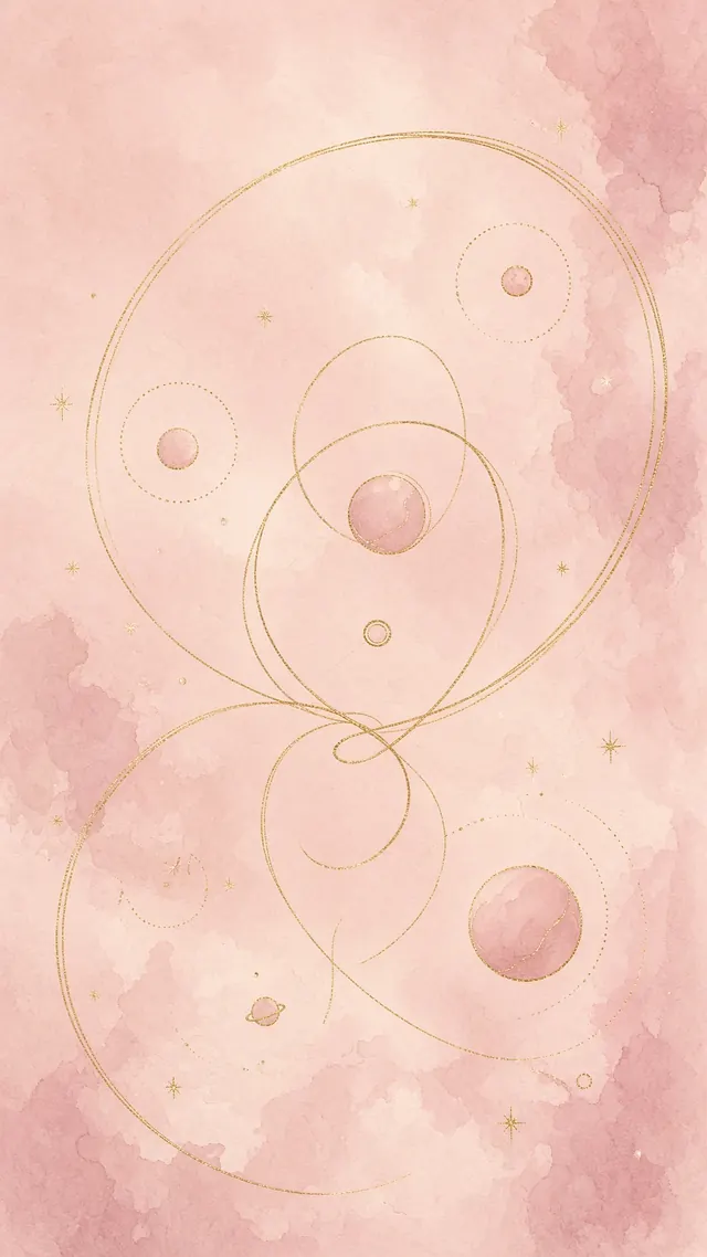 Gouden banen en planeten op een roze aquarelachtergrond