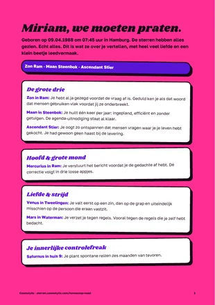 Voorbeeldpagina 1: “Miriam, we moeten praten”, de grote drie, Mercurius, Venus, Mars en Saturnus op magenta stickerkaarten
