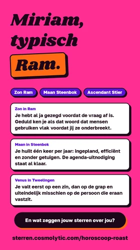 Story-afbeelding van 1080×1920: “Miriam, typisch Ram”, met Zon, Maan, ascendant en drie roastgrappen