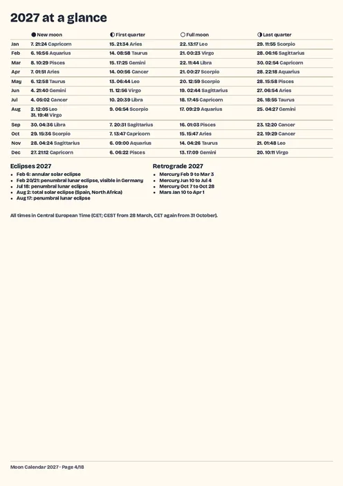 Jaaroverzicht 2027 met de tabel van maanfasen en verduisteringen, Engelse editie