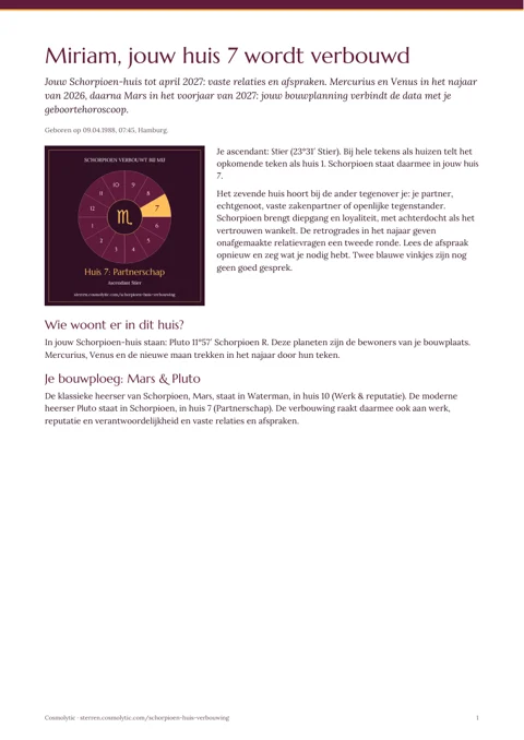 Eerste pdf-pagina voor Miriam: Schorpioen in huis 7, geboorteplaneten en de heersers Mars en Pluto