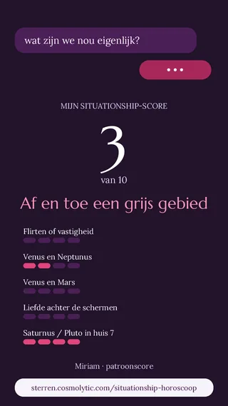 Miriams story-afbeelding: situationship-score 3 van 10 op pruimpaars met roze puntenbalken