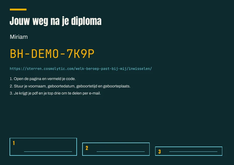 Printbare voorbeeldkaart met Jouw weg na je diploma en een voorbeeldcode